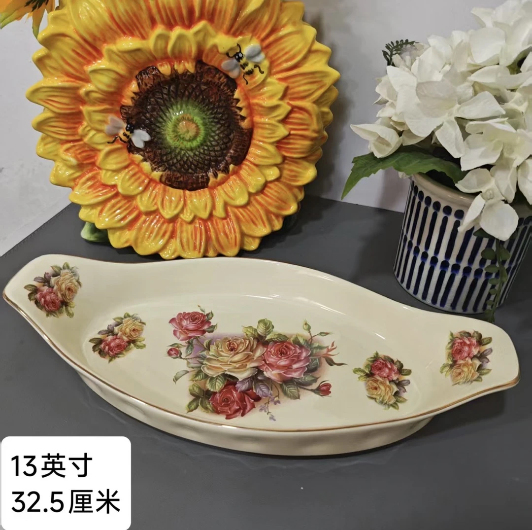 欧式老镇玫瑰手工描金象牙黄轻奢甜品盘叶子盘13英寸