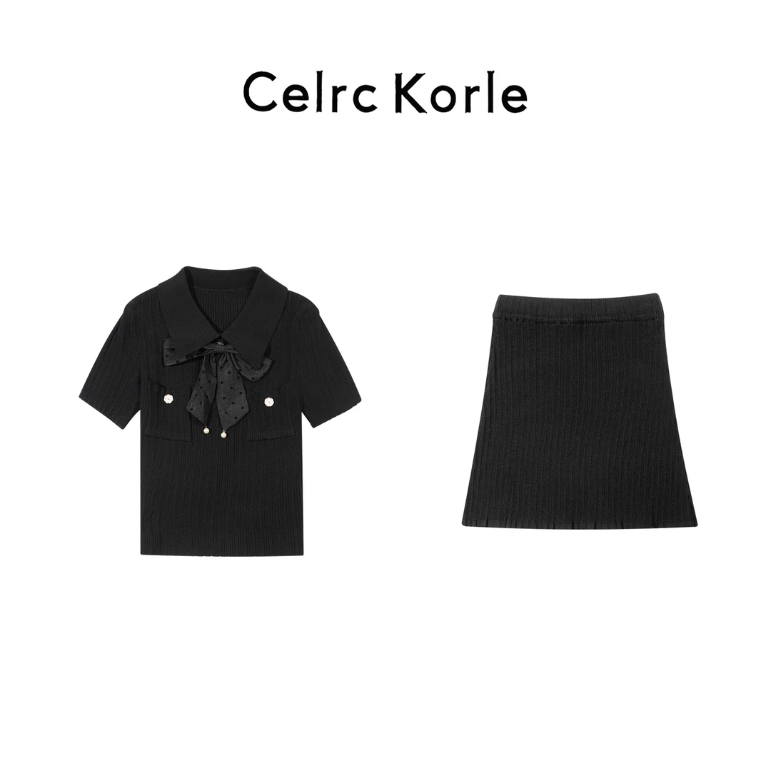 【南油买手一哥】【133】韩风气质纯色套装翻领Polo领坑条蝴蝶结套装