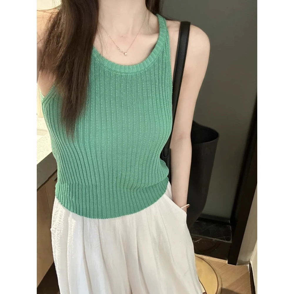 韩系绿色针织吊带背心女夏季单穿设计感小众外穿遮副乳无袖上衣薄