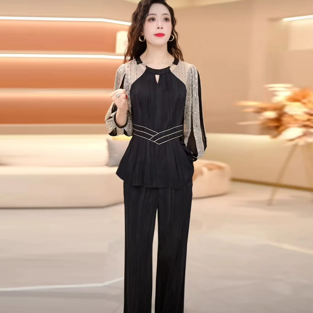 春季夏季新款套装裤两件套显瘦时尚优雅减龄洋气套装上衣黑色长袖