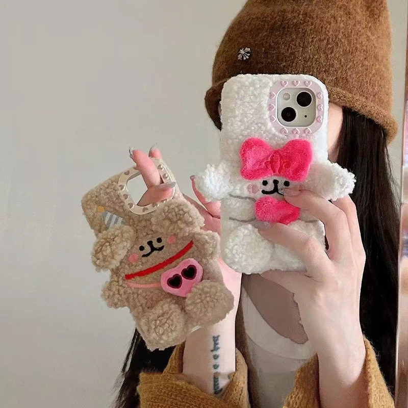 秋冬毛茸茸线条小狗适用iphone16promax苹果15毛绒手机壳13可爱14