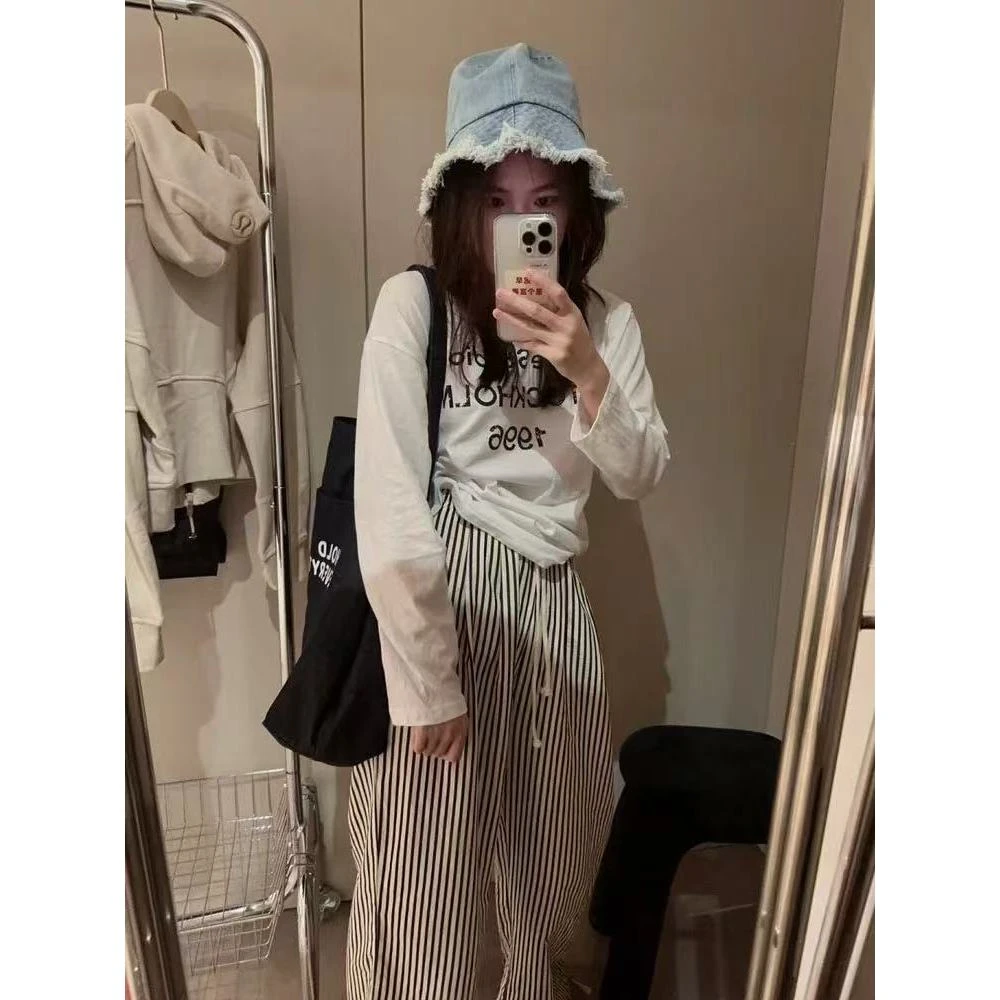 010慵懒港腰运动休闲裤女夏季外穿高腰直筒阔腿拖地裤T1726