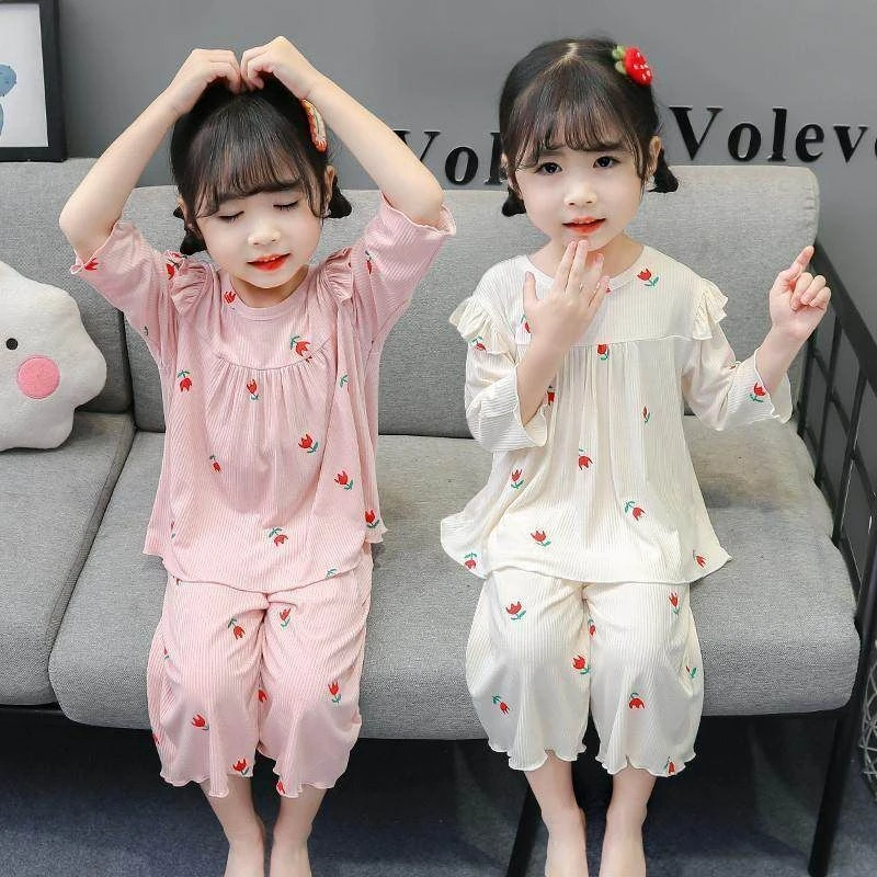 冰丝七分袖睡衣清爽透气儿童空调服可爱公主女童薄款家居服套装