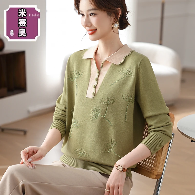 2025年新款减龄时尚洋气翻领打底上衣大码宽松女装春秋季针织毛衣