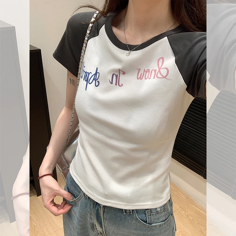美式辣妹字母印花撞色拼接正肩短袖T恤女初夏新款绝美上衣