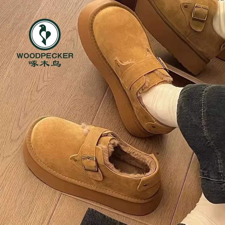 啄木鸟加绒勃肯鞋女2025秋冬新款外穿保暖雪地靴一脚蹬厚底乐福鞋