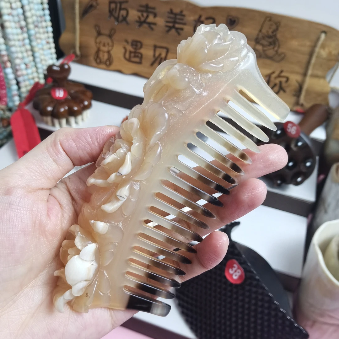 白水五齿牛角梳按摩梳月梳国色天香牡丹花精雕家用头疗宽齿梳子