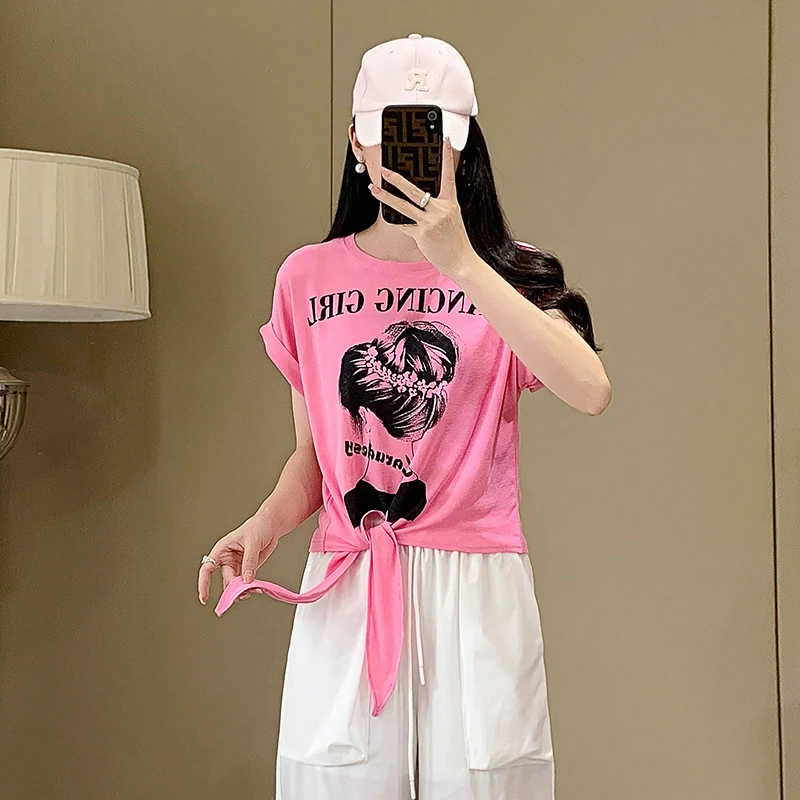 蝴蝶结绑带印花短袖T恤女夏季新款休闲宽松不规则跳舞半袖衫上衣