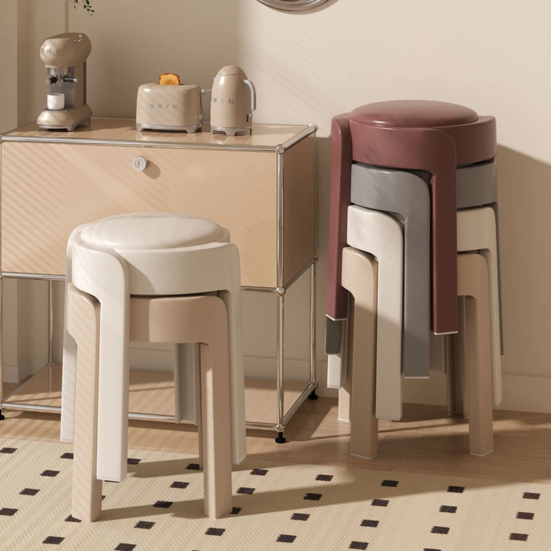 新款软包马卡龙风车凳塑料凳糖果色椅子餐桌凳桌边落地小摆件