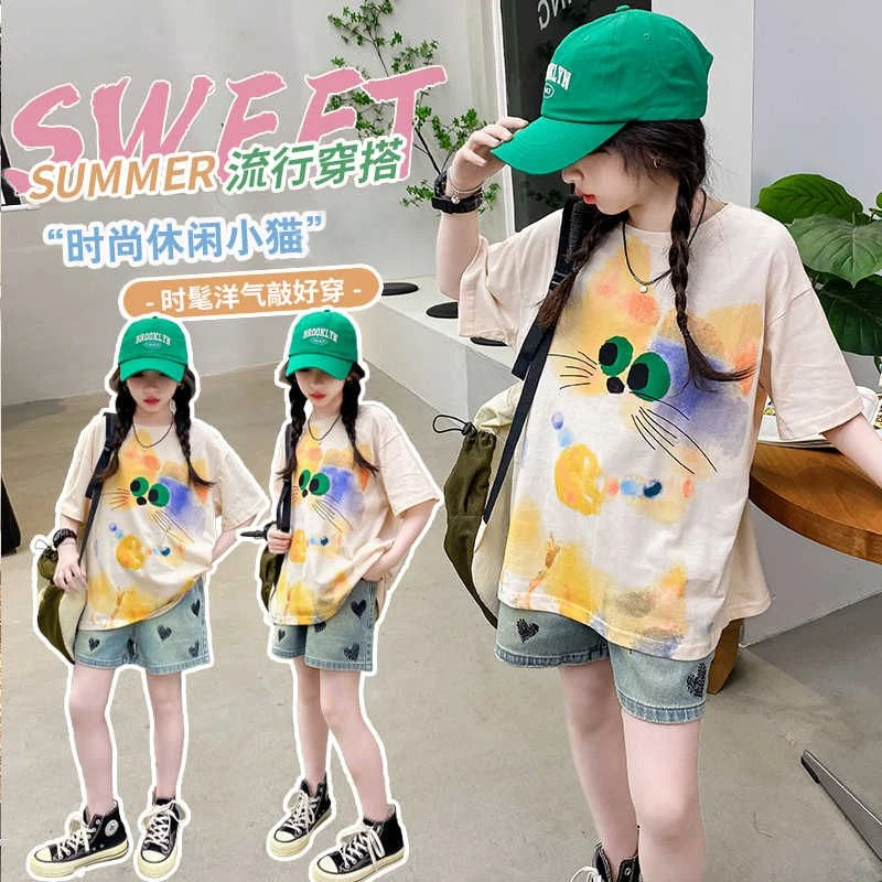 女童短袖t恤纯棉夏装2025中大童半袖t洋气女孩夏季上衣