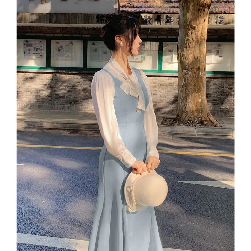 2025秋季新款法式少女气质中长款鱼尾背心修身连衣裙D3533
