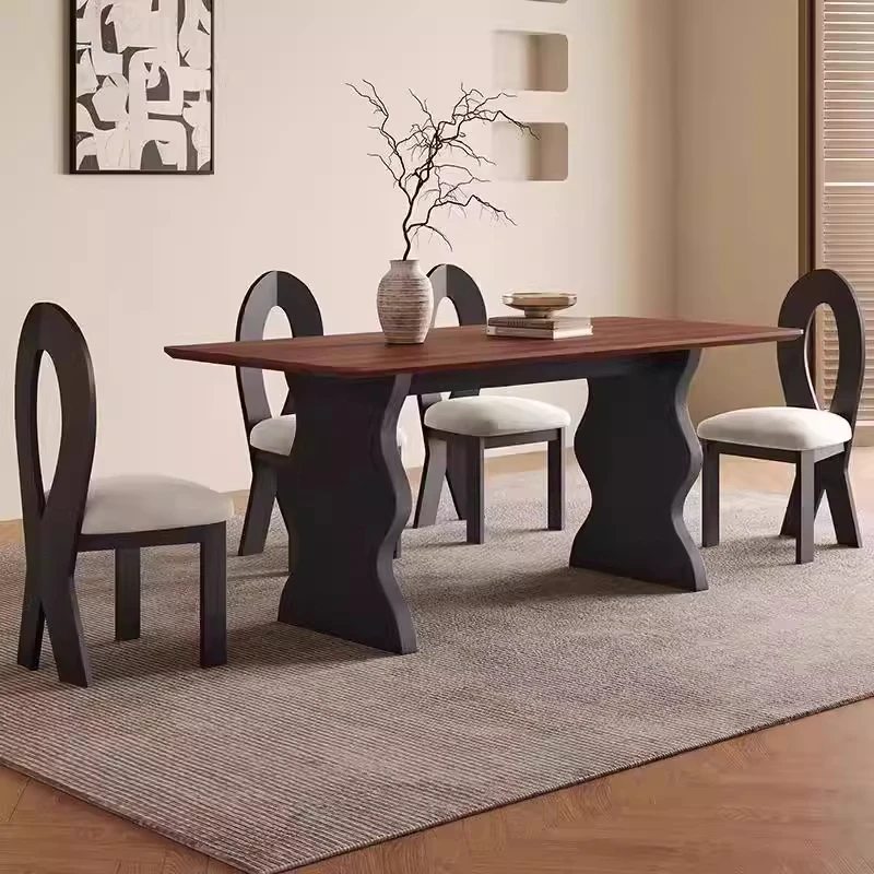 法式复古全实木长方桌中古风小户型餐桌胡桃色客厅家用餐桌椅组合