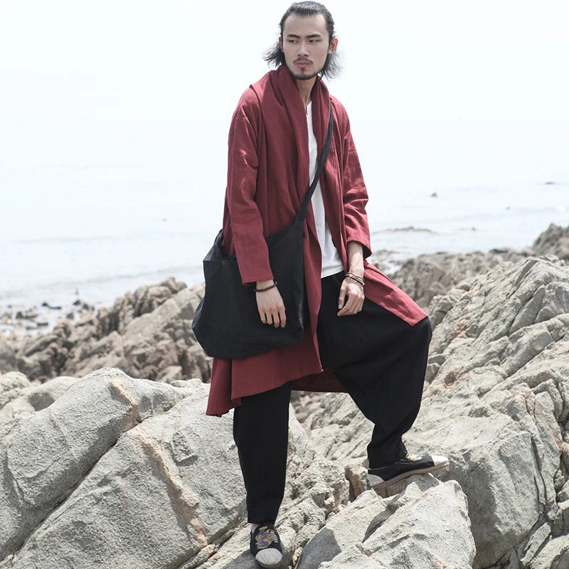 麻凡棉麻 围巾领开衫款大披风苎麻长款外套 休闲旅行外披