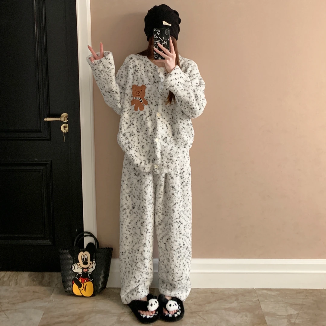 睡衣女生新款冬季半边绒加厚保暖圆领开衫韩系高级感珊瑚绒家居服