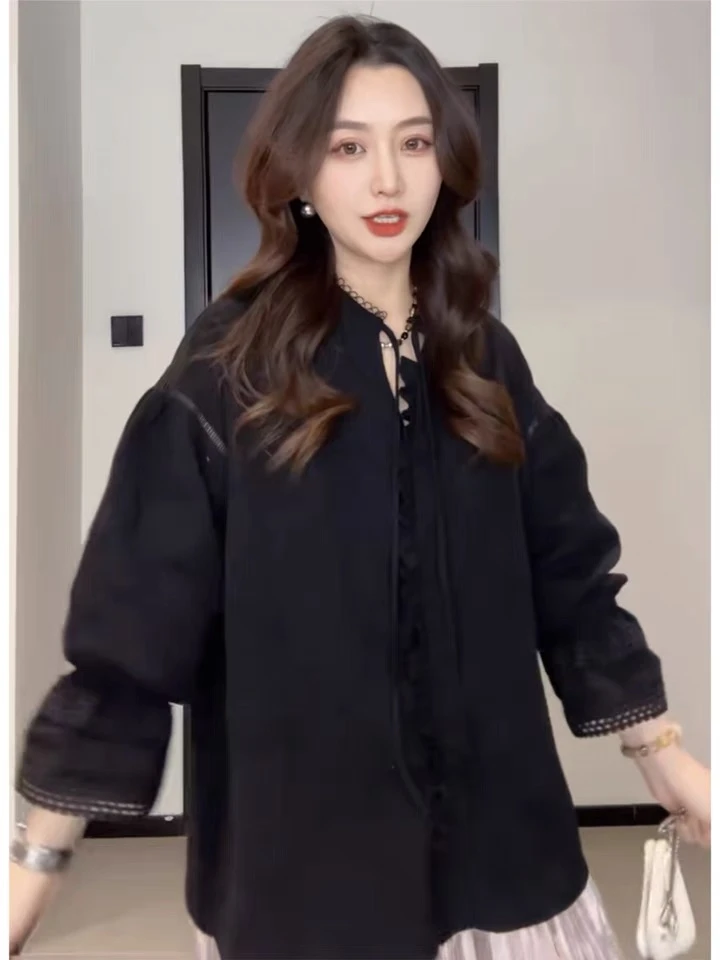 【初见欢喜】法式气质时尚长袖水溶蕾丝拼接宽松显瘦衬衫上衣女装