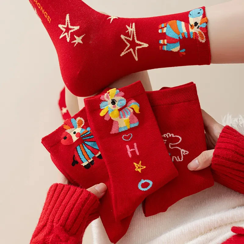 本命年红袜子女秋冬2026马年可爱红色中筒袜新年礼物情侣结婚长袜