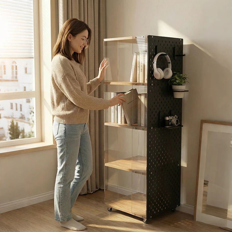 可旋转洞洞板展示柜书架简约风收纳设计可移动手办实木转角书架