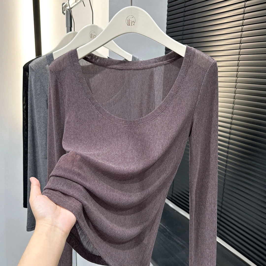 紫色时髦感圆领针织T恤女秋冬新款百搭长袖打底上衣显瘦软糯小衫