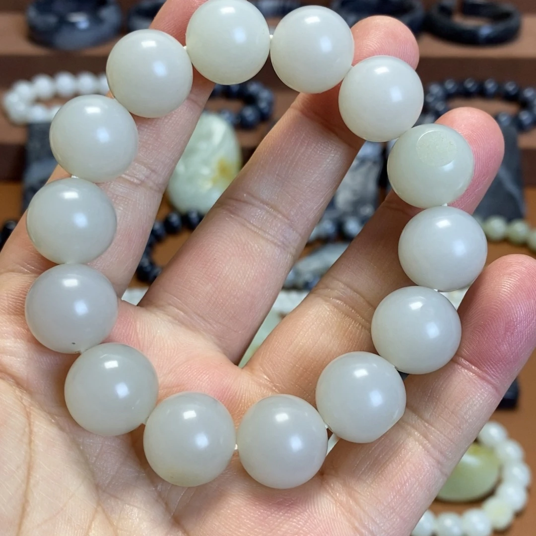 和田玉未镶嵌手串新疆和田玉带皮毛孔16圆珠子料手串