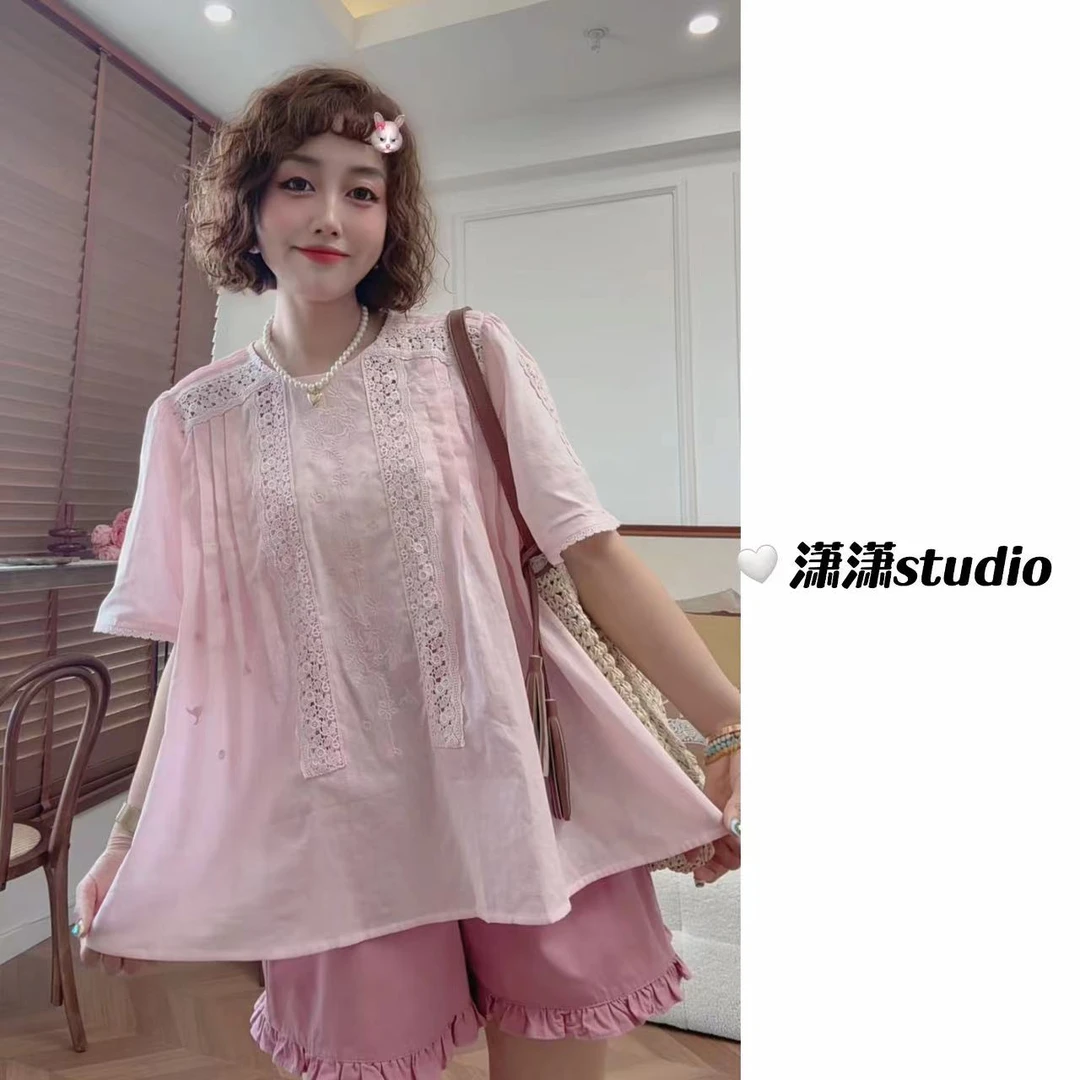 【胭脂粉】【100苎麻】潇潇重工刺绣A版正肩设计苎麻半袖衬衣XM1153