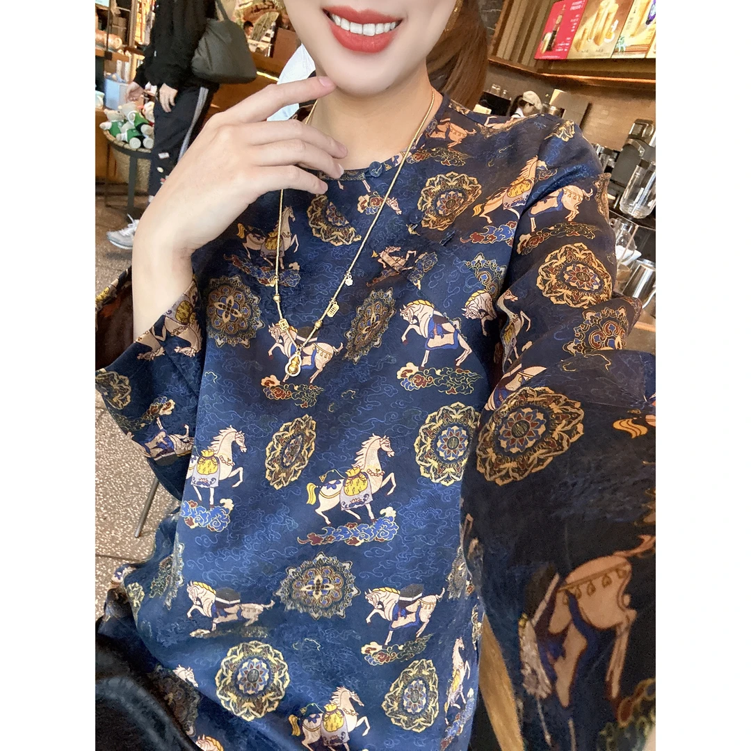 【深圳罗依】原创真丝衬衫女桑蚕丝香云纱马到成功国风气质圆领上衣