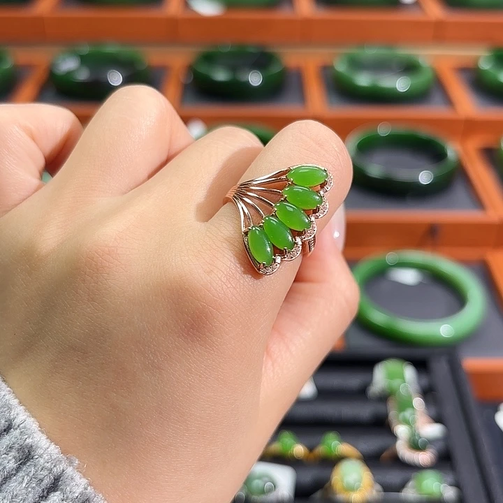 和田玉（碧玉）银S925镶嵌戒指凤尾戒