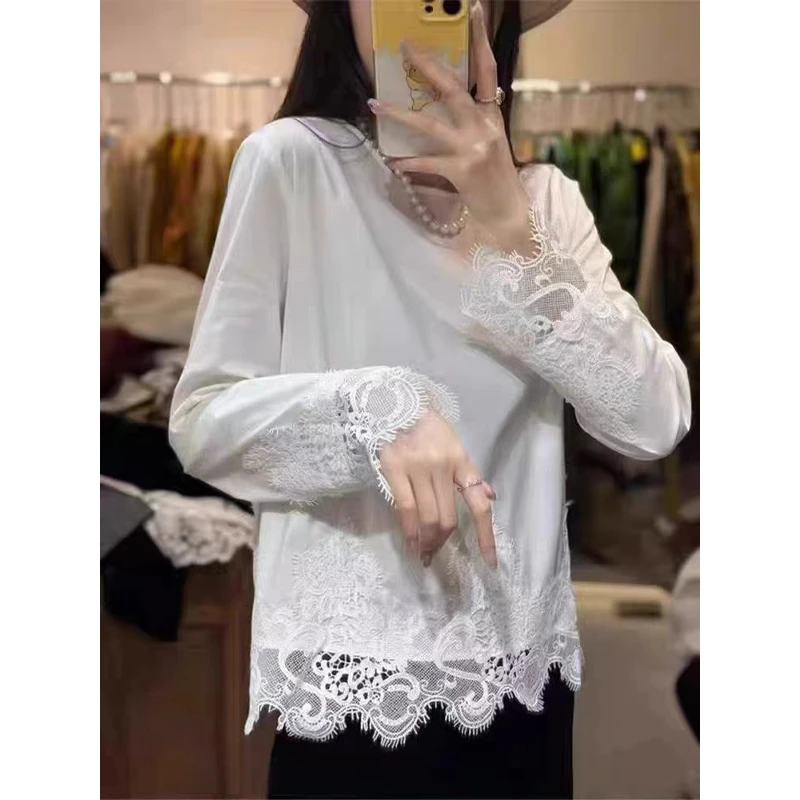 法式小众设计感下摆拼蕾丝长袖T恤女2025春季新款叠穿打底衫上衣