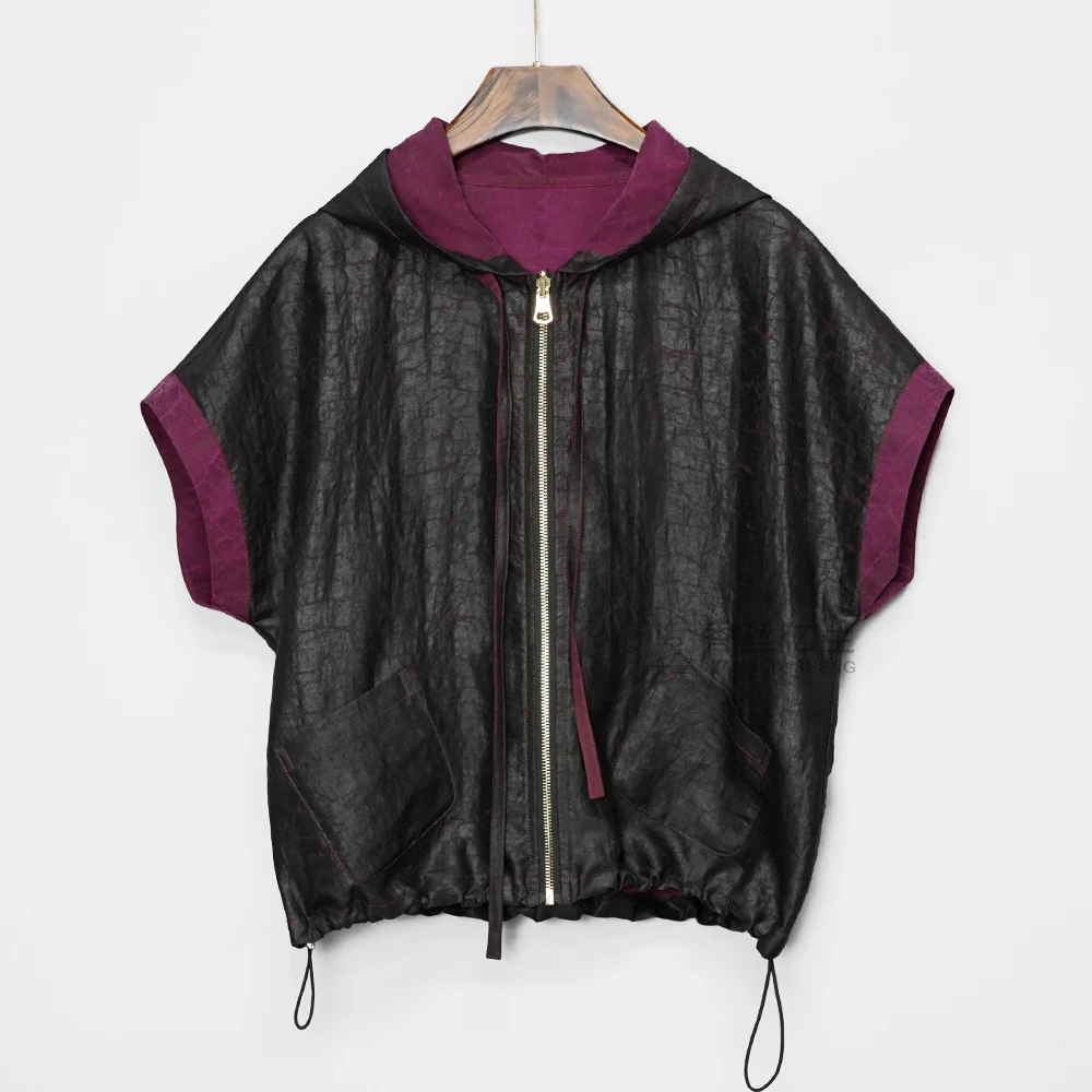 传奇！香云纱龟裂纹梅减龄时尚女士连帽休闲时尚百搭短袖衬衫X3138