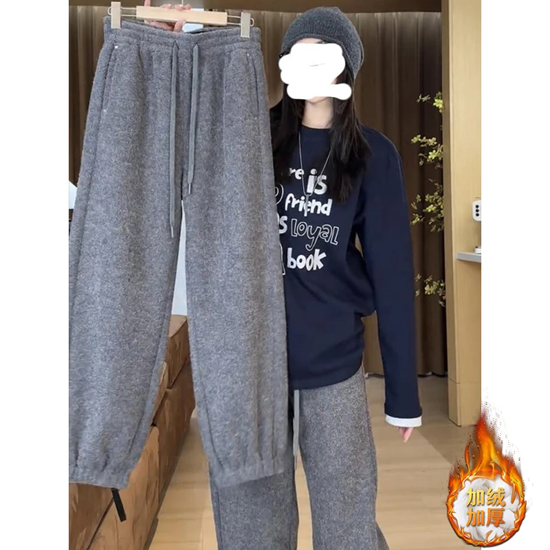 时髦简约松弛感休闲裤女2025秋冬新款高腰显瘦直筒裤加绒加厚长裤