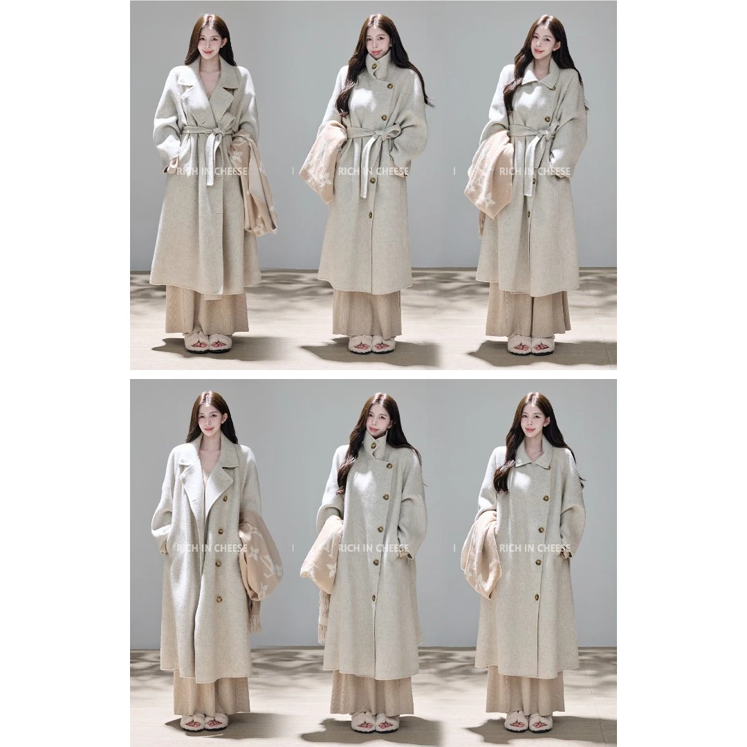 舒胡蕾 优雅冬日 100%绵羊毛全手工双面呢设计感百搭时尚毛呢大衣