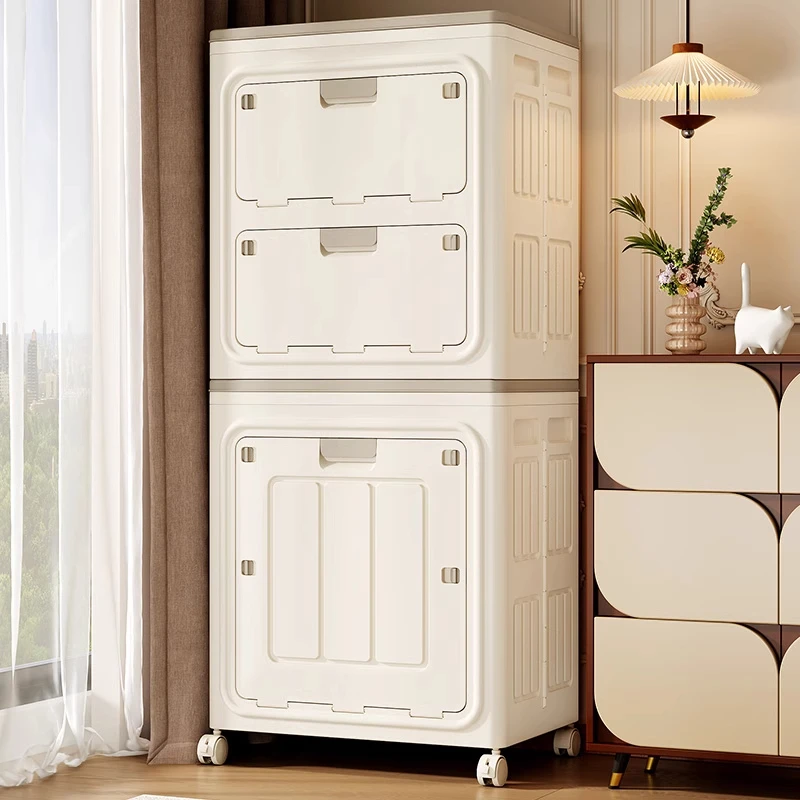 家用卧室双开门收纳箱衣服整理箱超大容量翻盖带轮衣物被子收纳柜