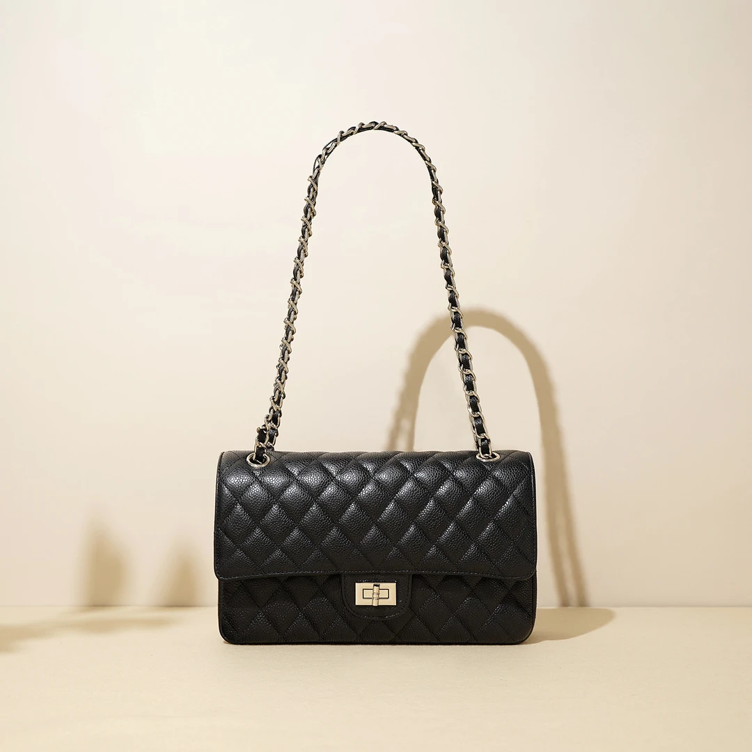 真皮鱼子酱菱格链条包简约时尚头层牛皮链条小香风单肩斜挎小方包