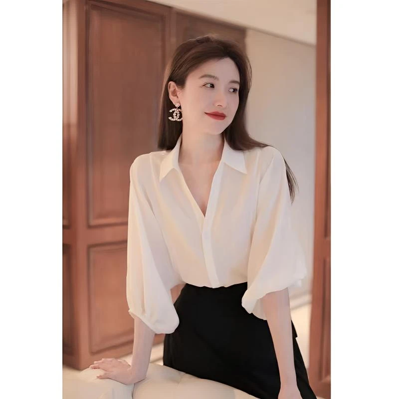 高级感职业气质白色宽松七分袖雪纺衬衫女法式洋气休闲通勤衬衣夏