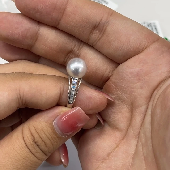 海水珍珠戒指银S925镶嵌澳白9-10mm14号