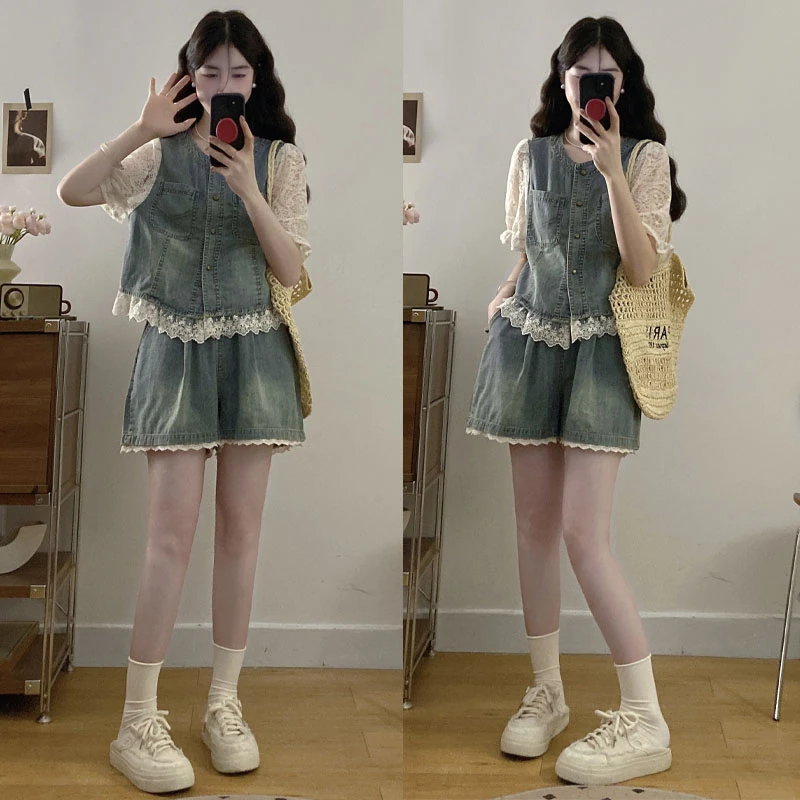 蕾丝拼接短裤两件套阔腿牛仔上衣大码胖独特设计感巨显瘦套装女