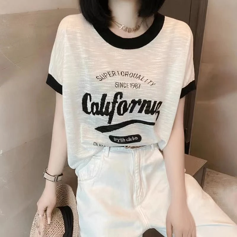 大码流行夏款薄透新款冰丝短袖女款t恤拼色圆领宽松印花上衣T恤女