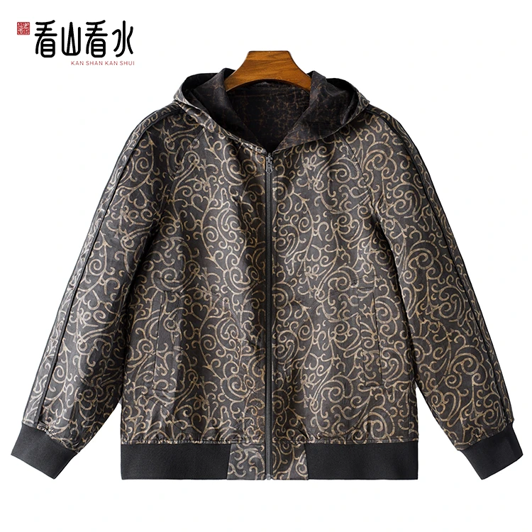 【看山看水】99662香云纱男装桑蚕丝素平缎连帽拉链外套中式上衣