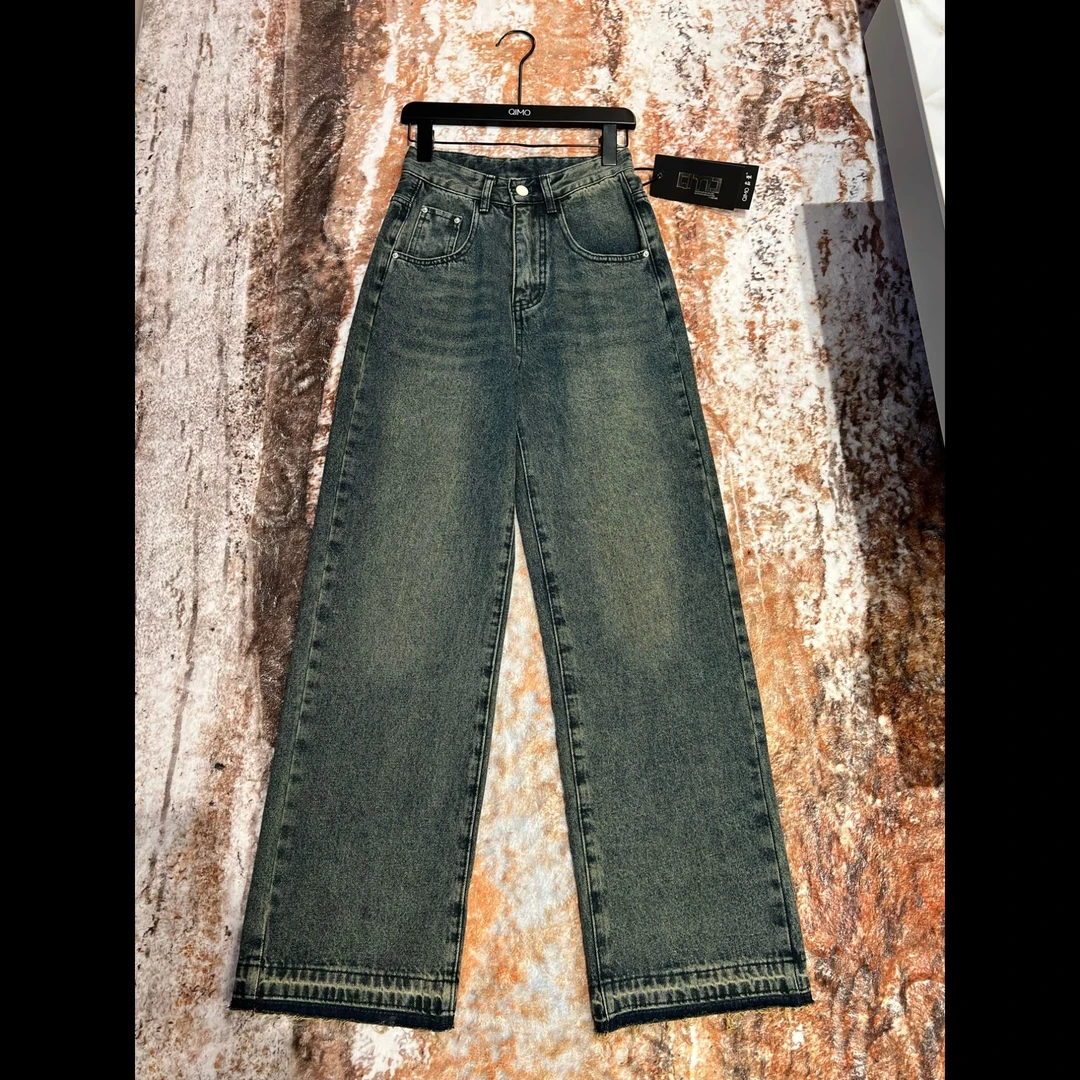 QIMO启茉（A66251#美式复古高腰牛仔裤（抓绒）蓝色