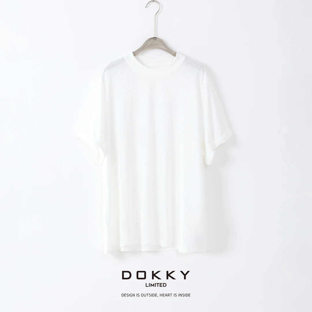 Dokky「腔调大白T.紫标」定纺肌理亚麻棉.明星oversized卷边袖T恤