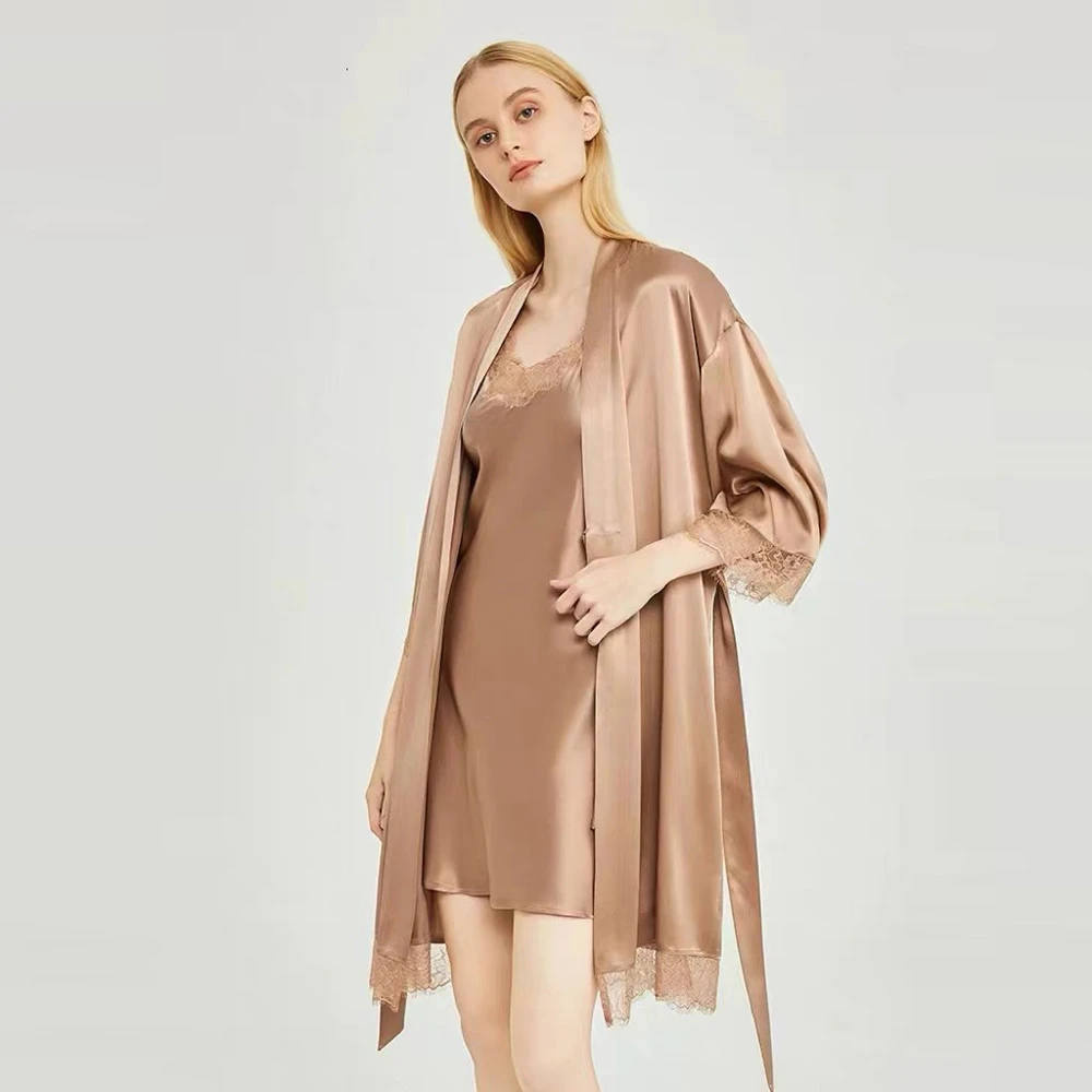 西湖丝韵【名媛两件套-升级姆米】重磅桑蚕丝吊带真丝睡袍两件套