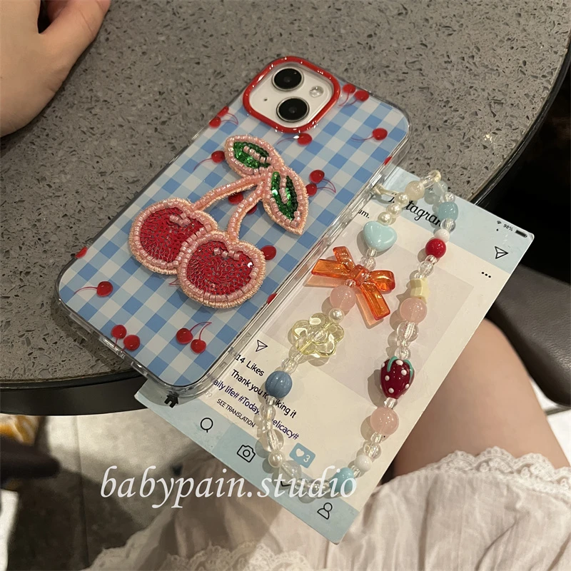 babypain韩国ins小众清新蓝色格子樱桃适用iPhone16promax手机保