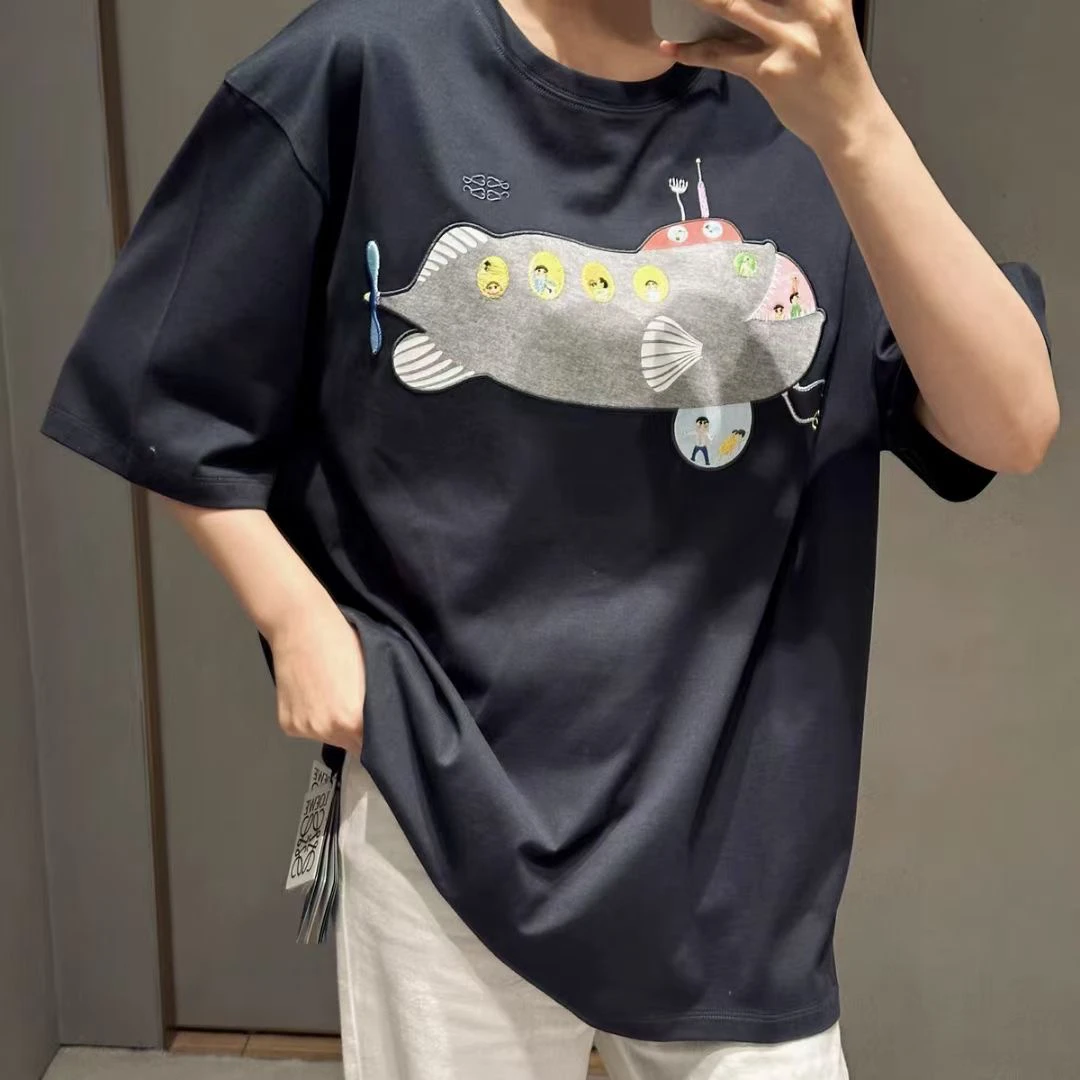 鲸鱼飞船未来感刺绣宽松短袖
