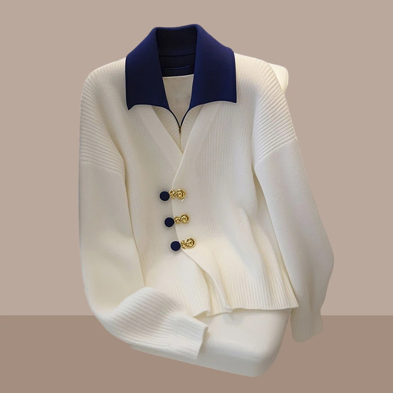 2025新款针织衫女时髦洋气假两件上衣新中式盘扣国风设计感衣服潮