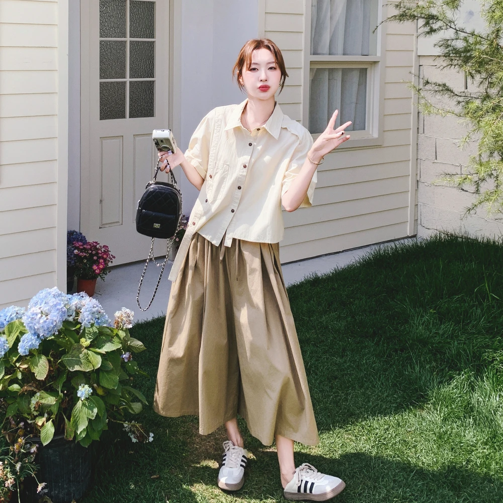 韩系夏季ootd氛围感穿搭一整套设计感衬衫上衣阔腿裤裙两件套