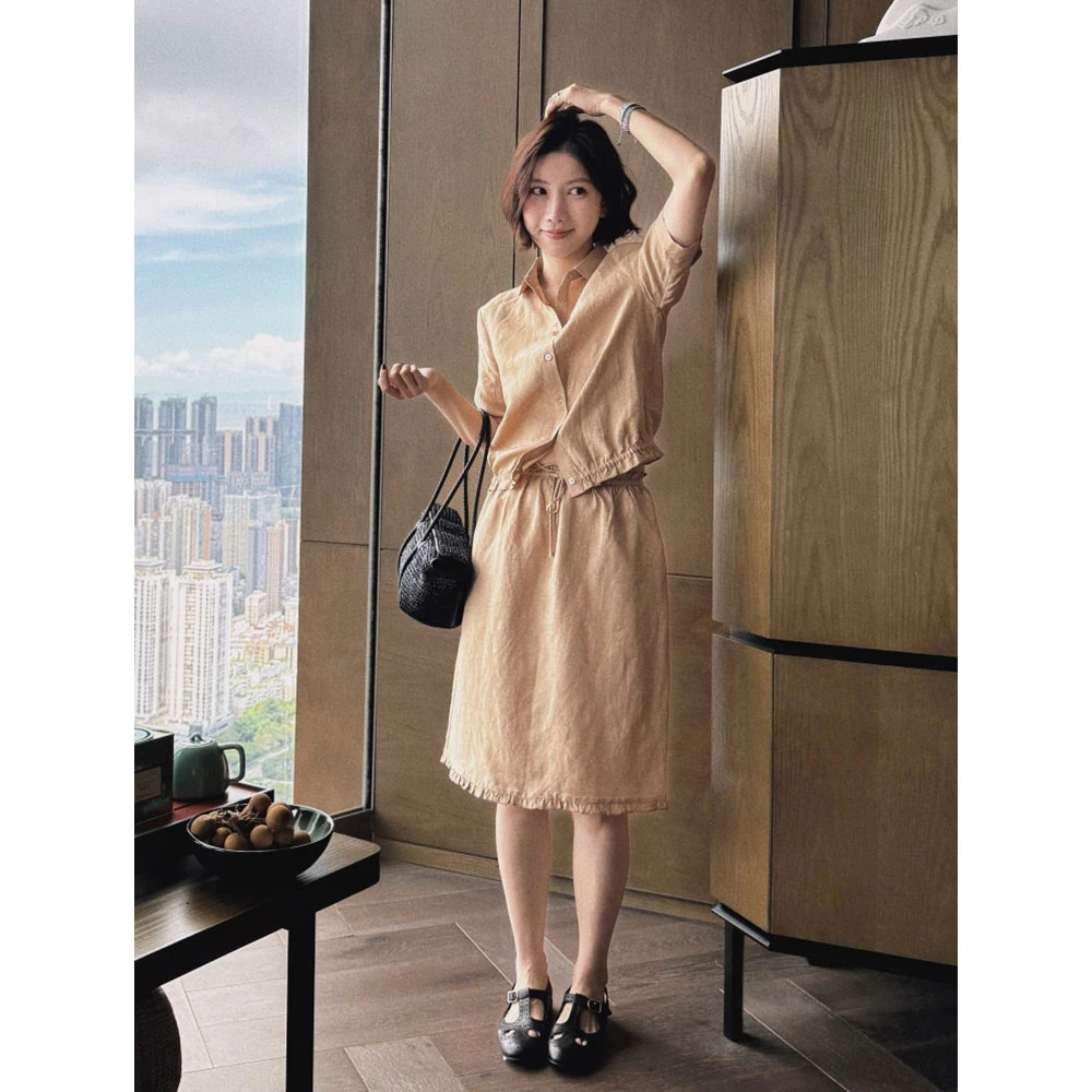 【MGDM】复古甜美亚麻人丝娃娃领设计感衬衫短袖开衫短款上衣女夏