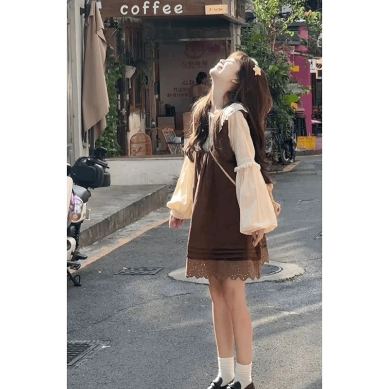 美拉德温柔感【两件套】系带娃娃领衬衫叠穿背心桾早春时尚套装