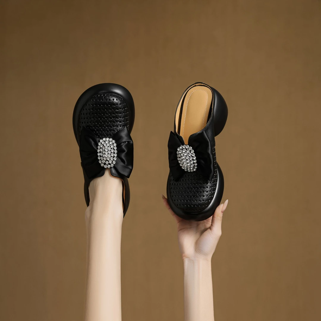 6cm/牛皮/时尚厚底包头半拖鞋女外穿夏季镂空编织圆头防水台女鞋