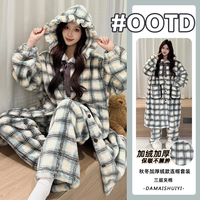 【加绒加厚】诺盾冬季新款睡袍珊瑚绒睡衣女高颜值中长款保暖家居服