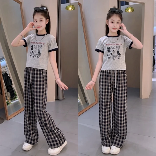 休闲夏季儿童女童 中大童冰丝轻薄格子裤短袖套装清爽时尚