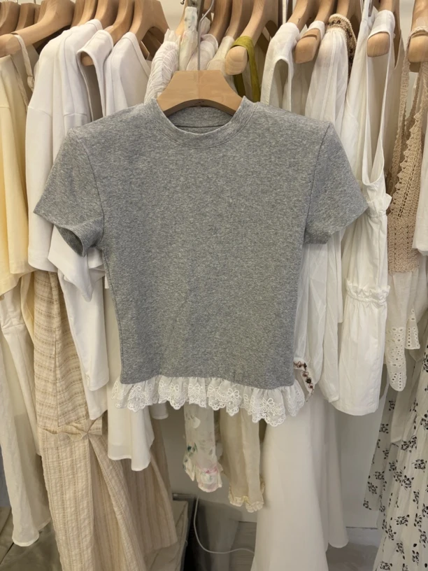 福利款 no退no换 蕾丝短袖修身型拼接T恤短款夏季白色圆领纯色